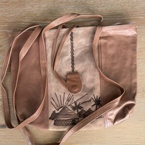 Everyday Tan Leather Tote with Village Embossed Detail